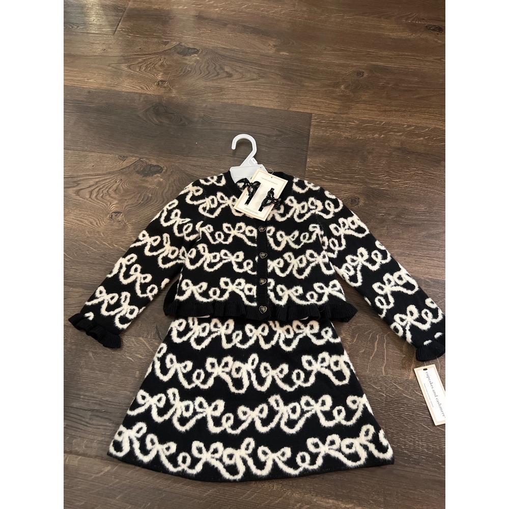 Cupcakes and Cashmere Girls 3T Black White Bow Knit Cardigan‎ and Skirt Set NWT